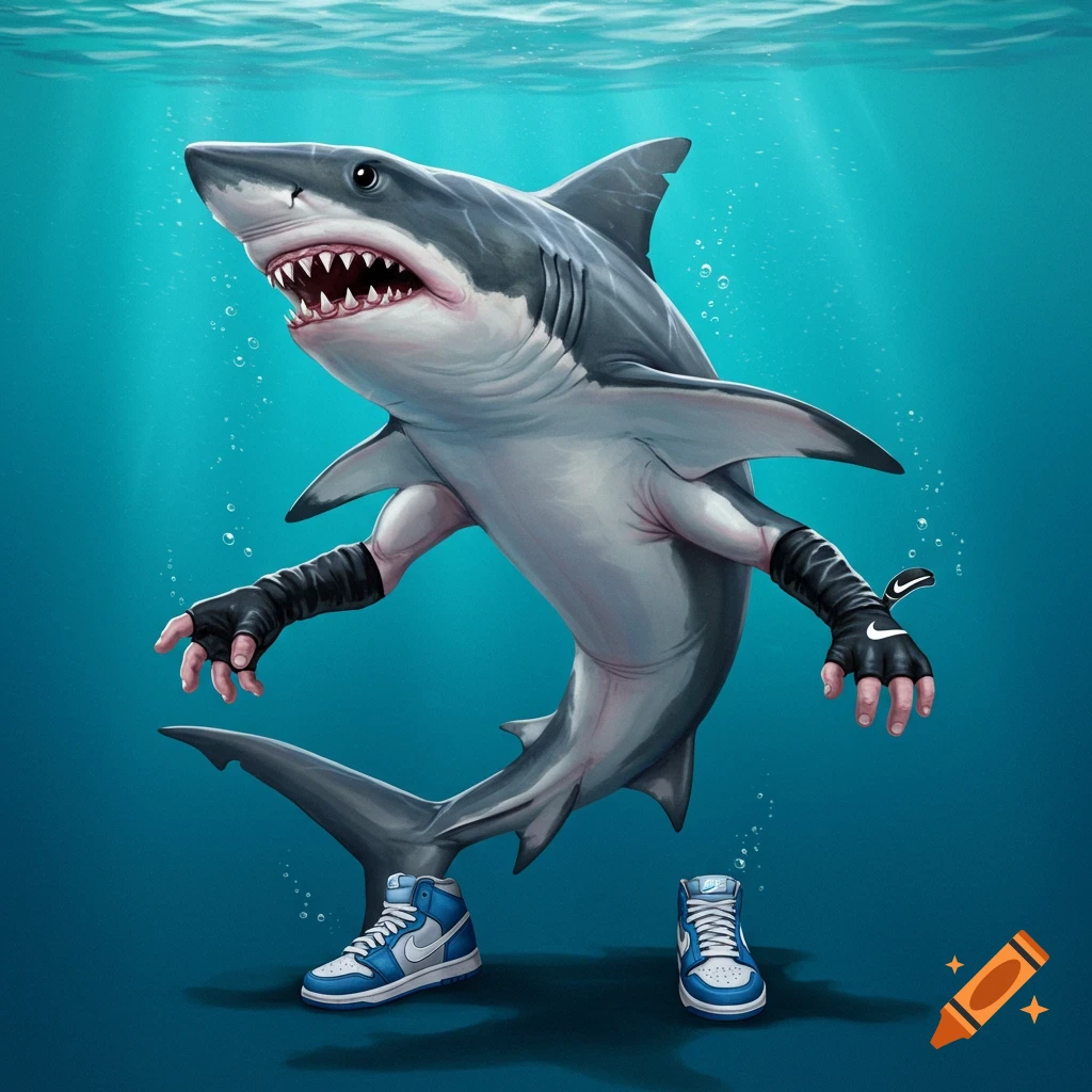 A shark with arms and legs, wearing gloves and blue sneakers underwater.