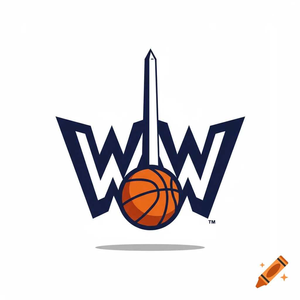 A logo featuring two large blue 'W's, a basketball, and a depiction of the Washington Monument on a white background.