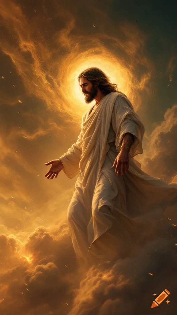 Jesus Christ walking through golden clouds