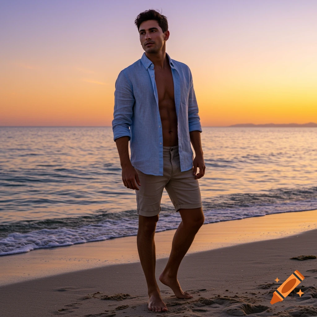 A man in a blue shirt and shorts stands on a beach at sunset.