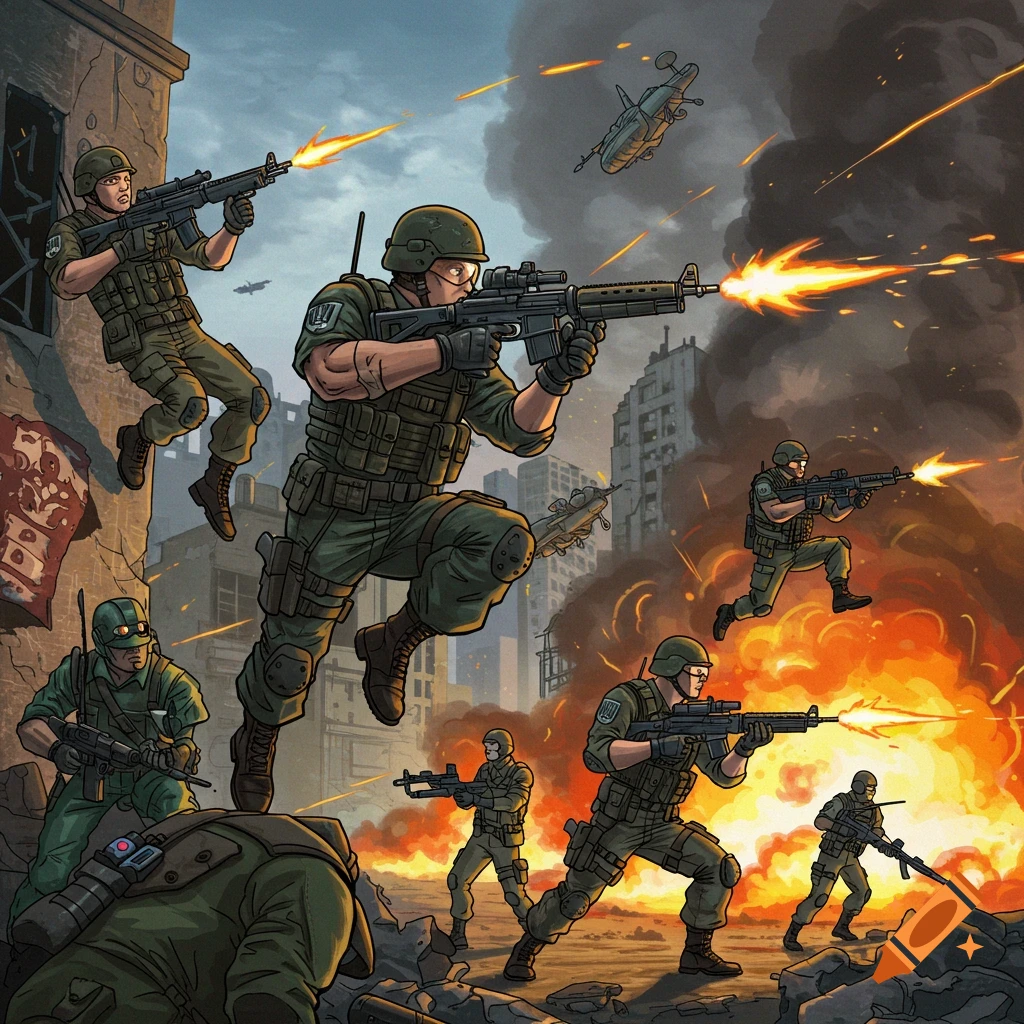 Cartoon illustration of soldiers in combat with gunfire and explosions in a city.