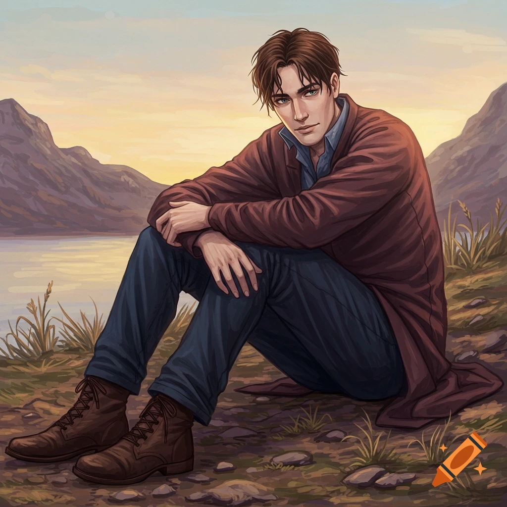 A man sits by a lake with mountains in the background at sunset.