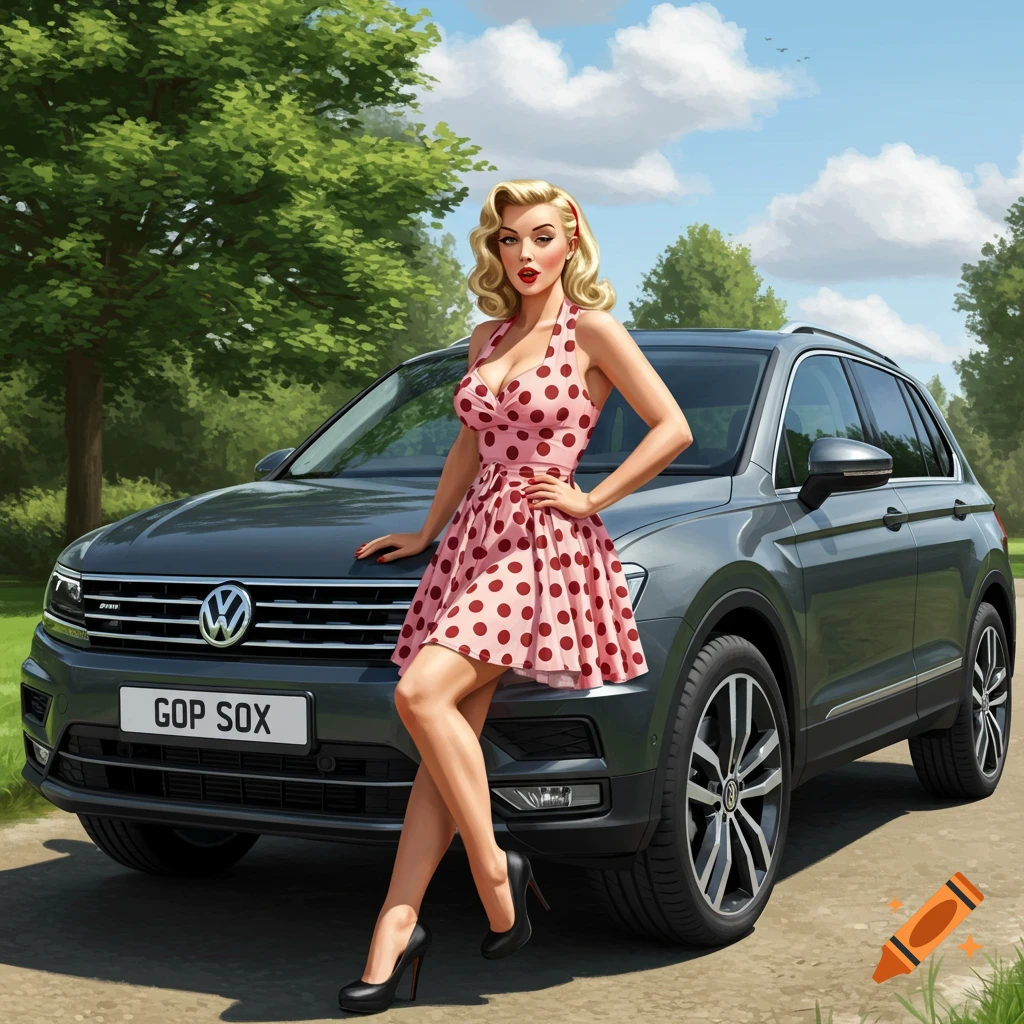 Pin-up woman in polka dot dress leaning on a grey SUV.