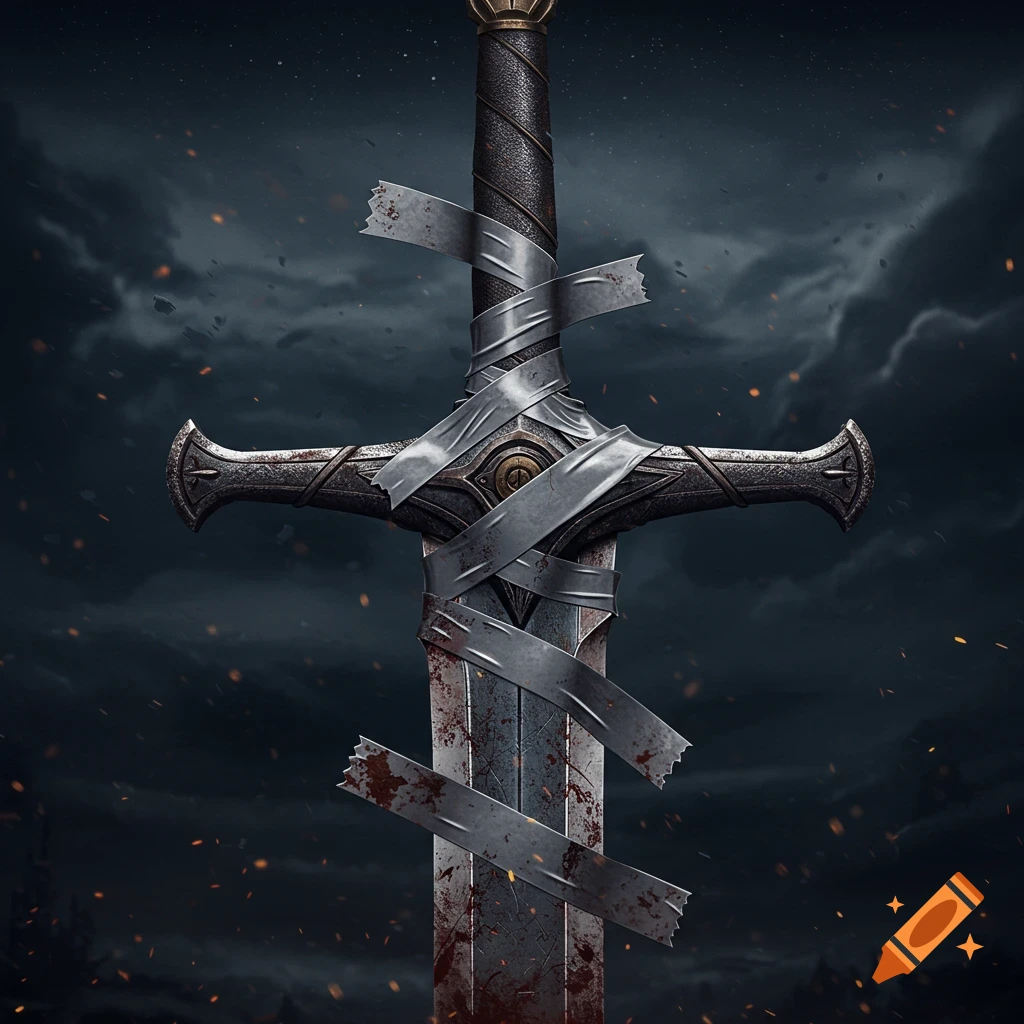 A bloody, broken sword wrapped in tape against a stormy sky with embers.