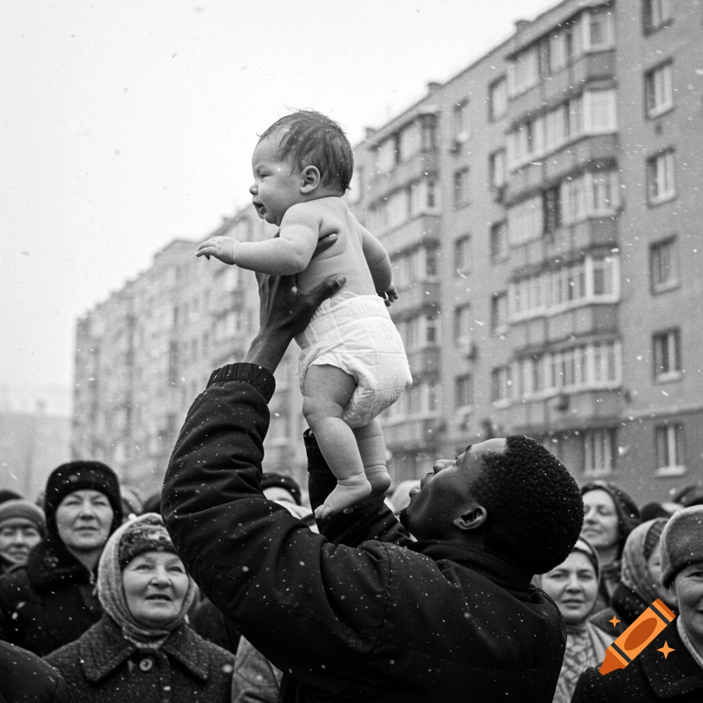 Black and white photo of a person holding a baby up in the air while it snows, in a crowd.