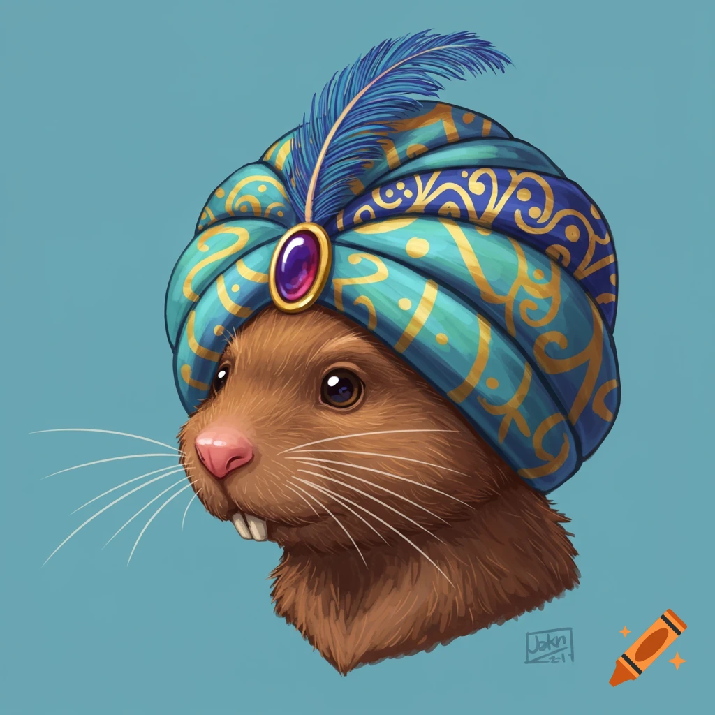 A vole wearing a blue and gold turban with a purple jewel and feather.