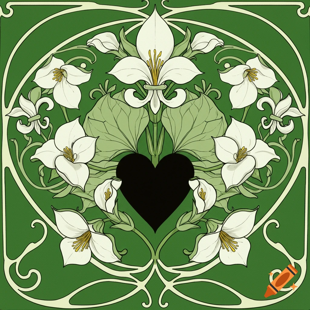 Art Nouveau style floral pattern with white flowers, green vines, and a black heart on a green background.