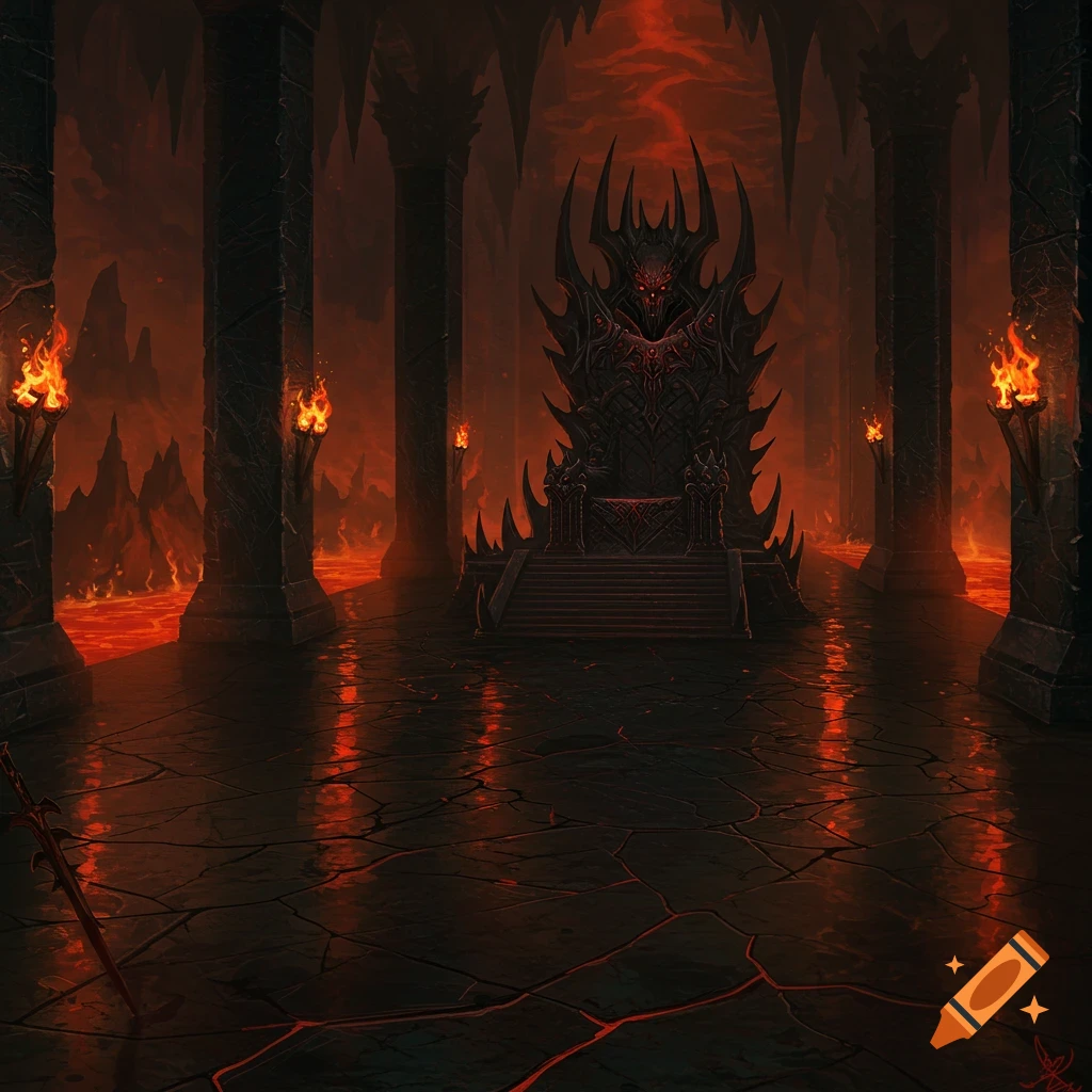 A dark, ominous Devil's Throneroom with columns, torches, and lava.