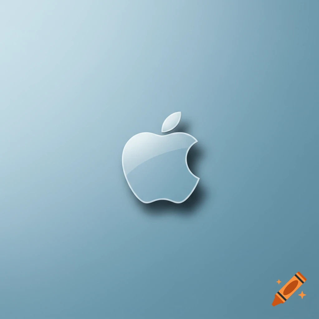 A glossy white Apple logo with a subtle drop shadow on a light blue background.