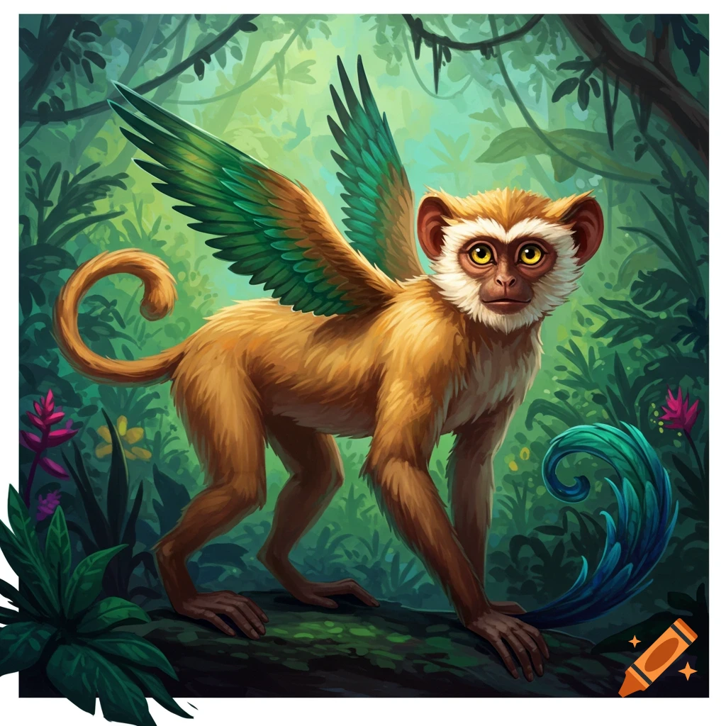 A winged monkey-like creature in a lush jungle.