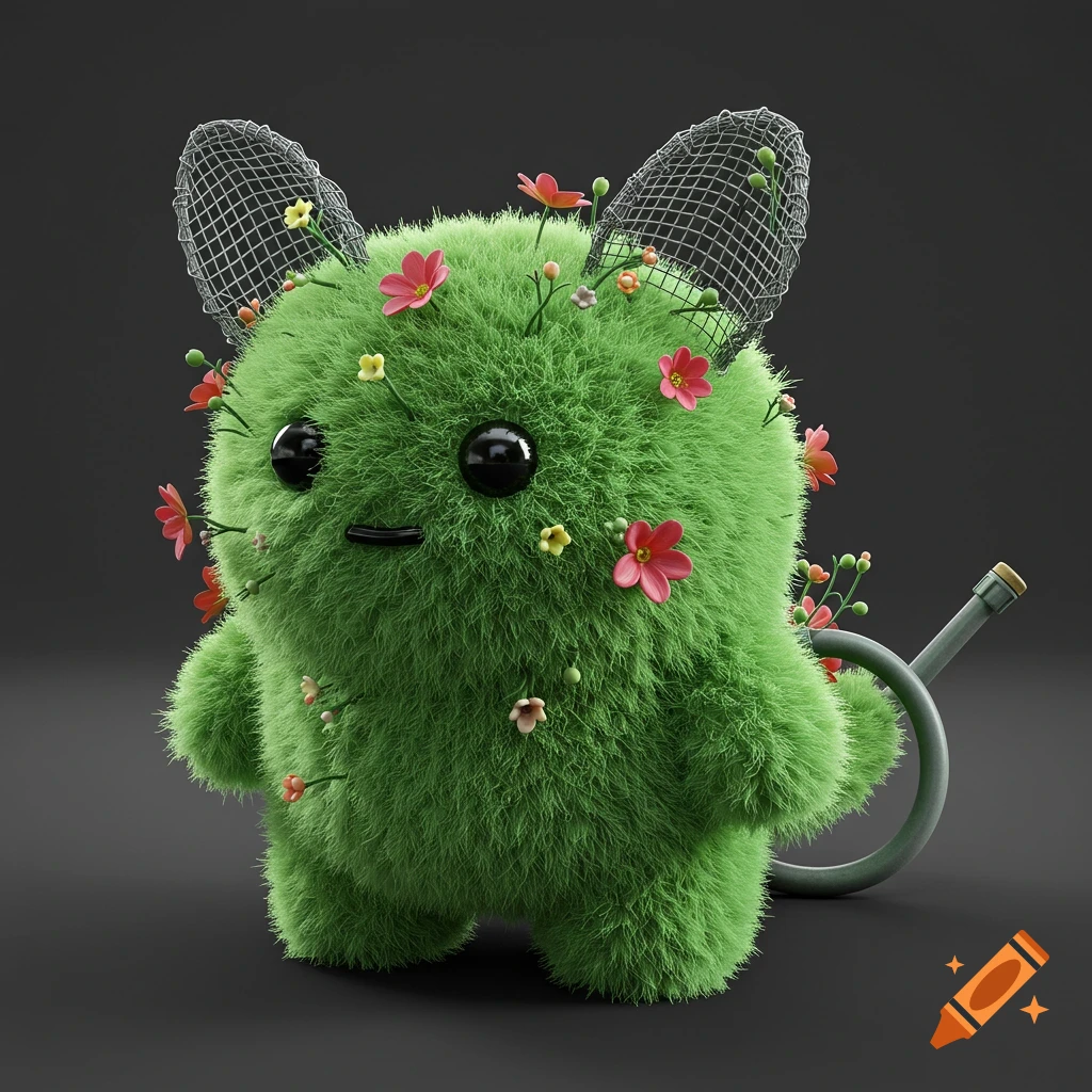 A green fluffy creature with wire mesh ears, covered in pink and yellow flowers, stands next to a garden hose tail in a 3D rendering.
