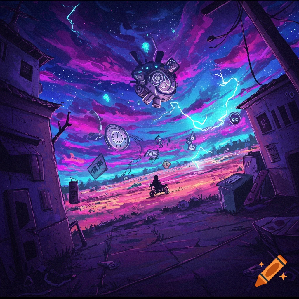 A figure on a vehicle in a surreal landscape with floating objects and a vibrant, stormy sky.