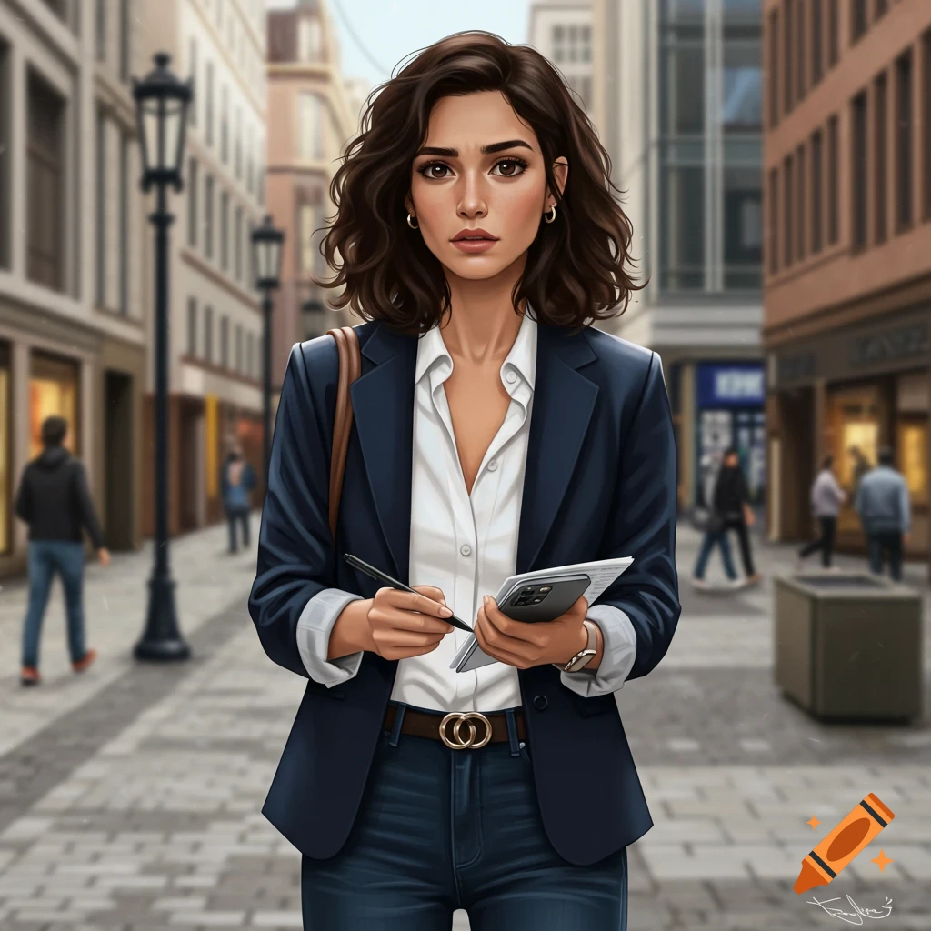 A woman in a suit walks down a city street, holding a notebook and pen.