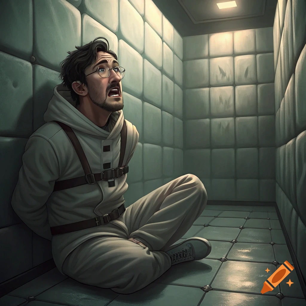 A man in a straitjacket sits in a padded room, looking up in distress.