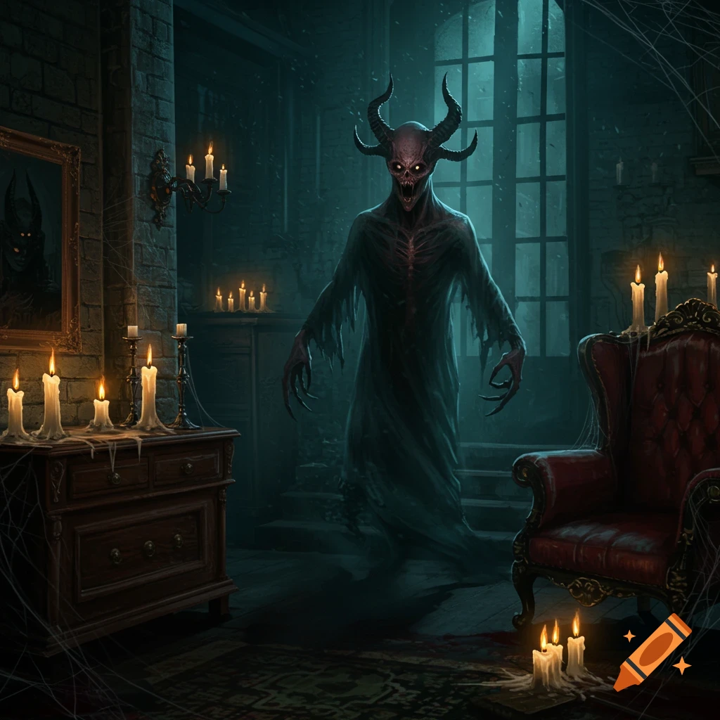 A sinister demonic ghost stands in a dark, gothic haunted house, lit by candlelight.