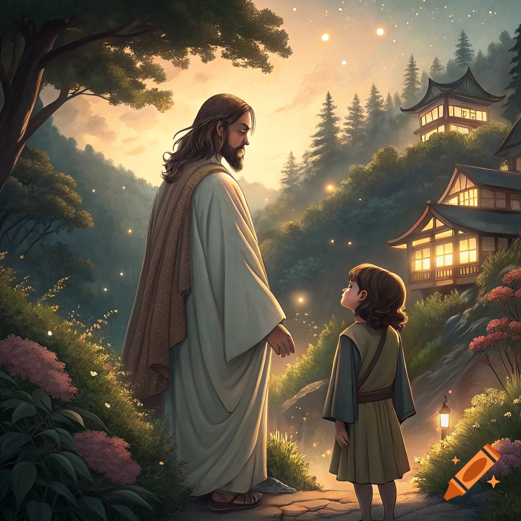 Jesus stands next to a child on a path in a magical forest with glowing lights and traditional buildings on a hillside, in an animated style.