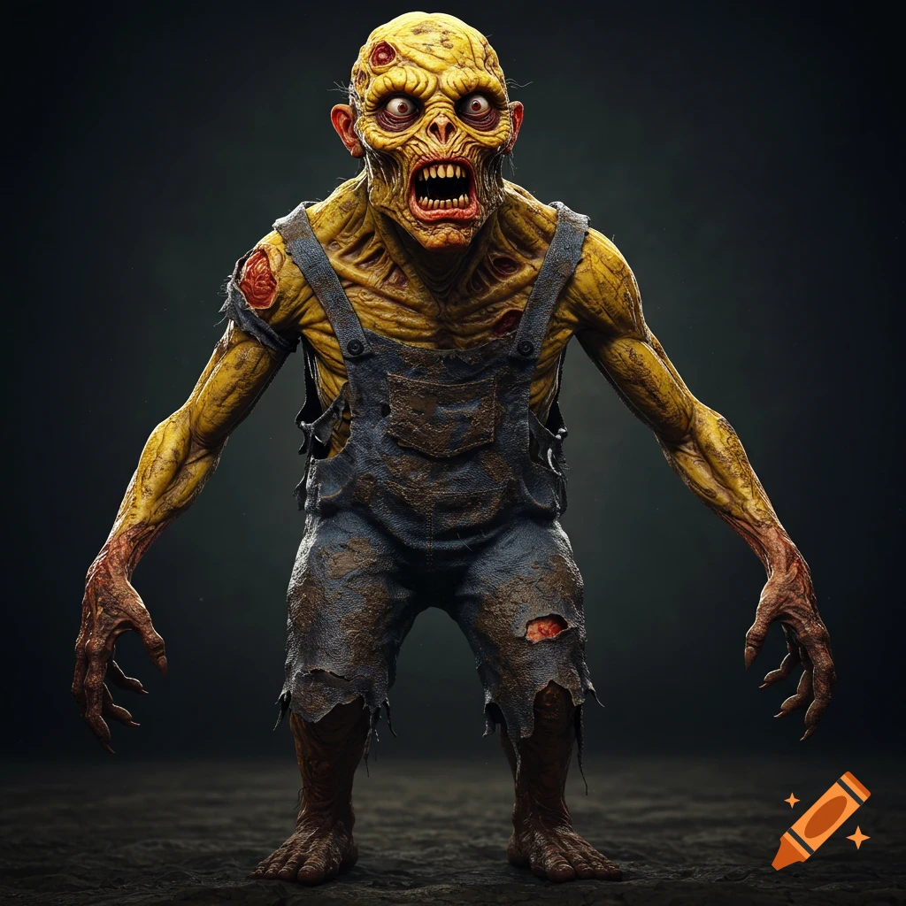 Photorealistic image of a gruesome, yellowish zombie creature in dirty overalls.
