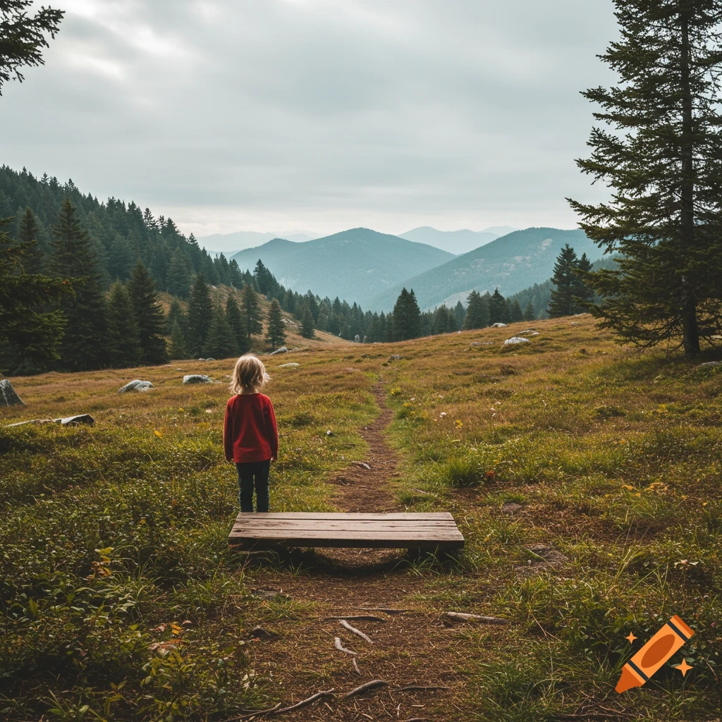 Child stands on a path looking at a mountain landscape with trees and a bench.