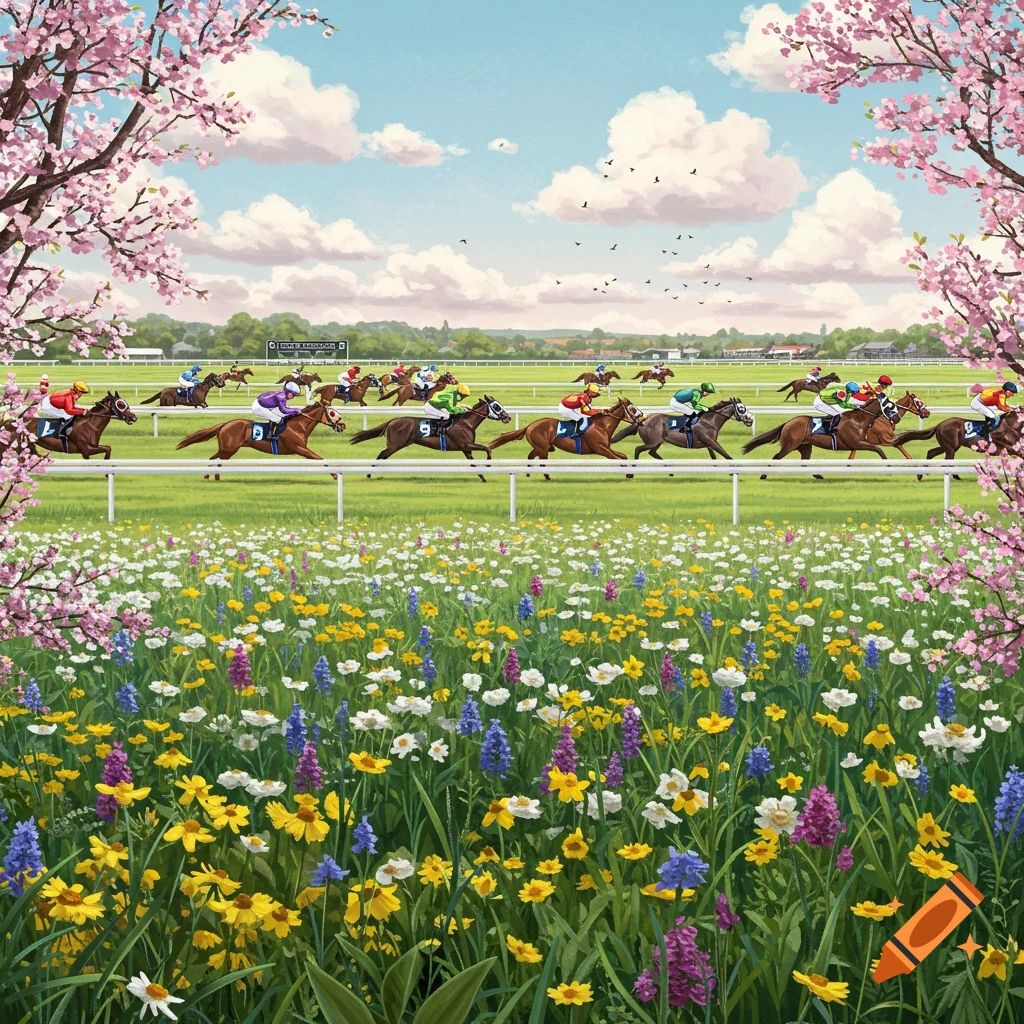 Horse race framed by cherry blossoms and wildflowers in the foreground, under a cloudy sky.