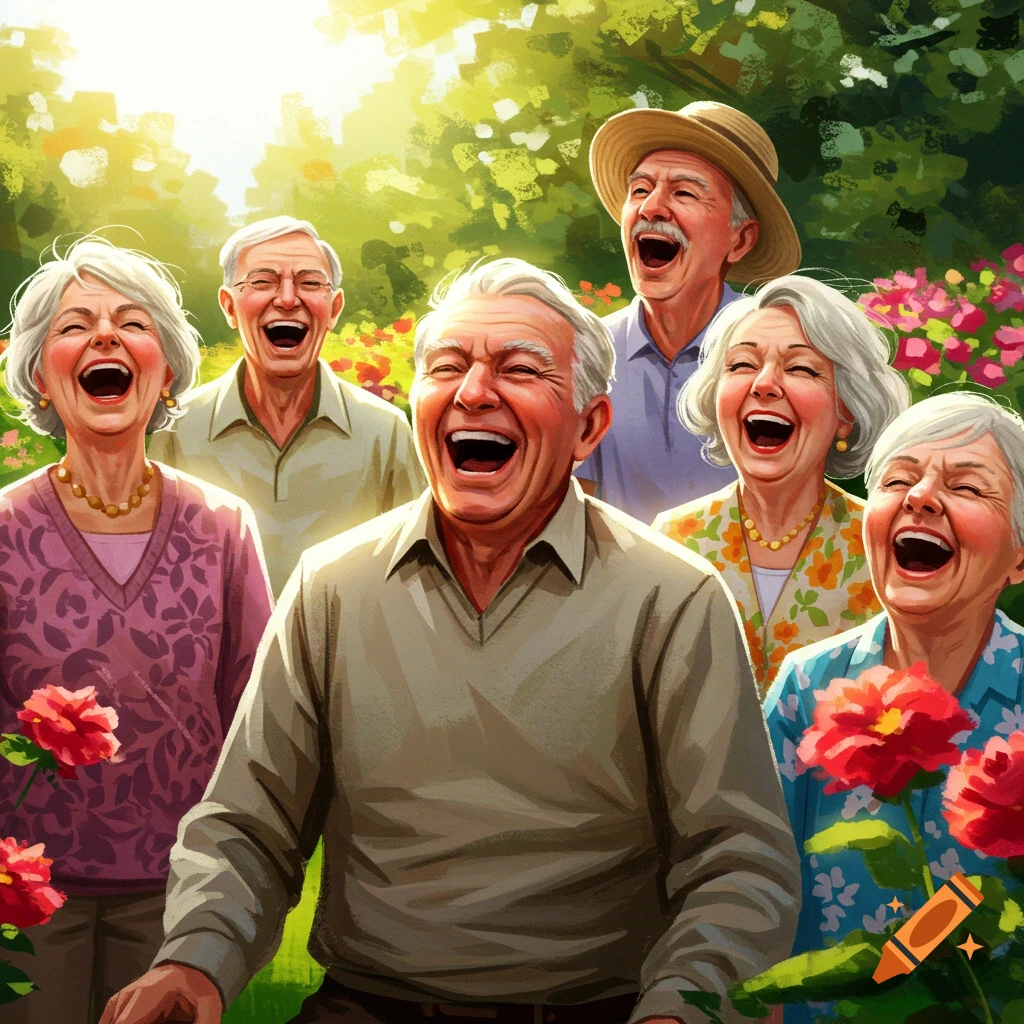 Happy older people laughing together in a sunny garden.