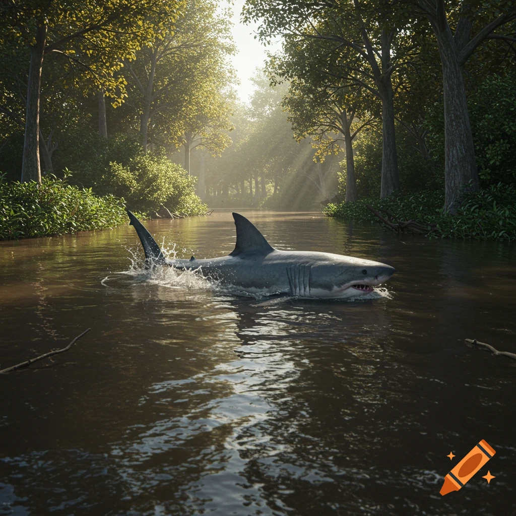 Photorealistic image of a shark swimming in a muddy forest river with sunlight filtering through trees.