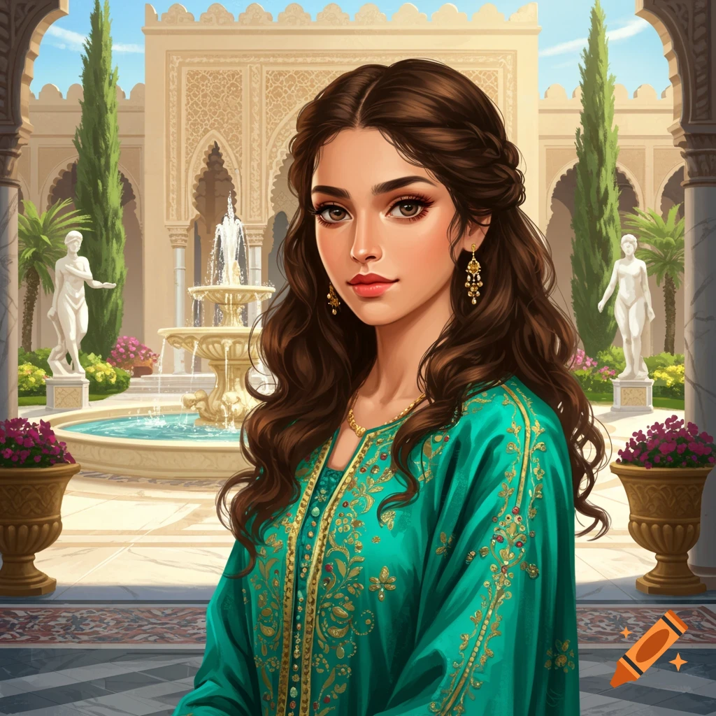 A woman in a teal traditional dress is standing in an ornate courtyard.