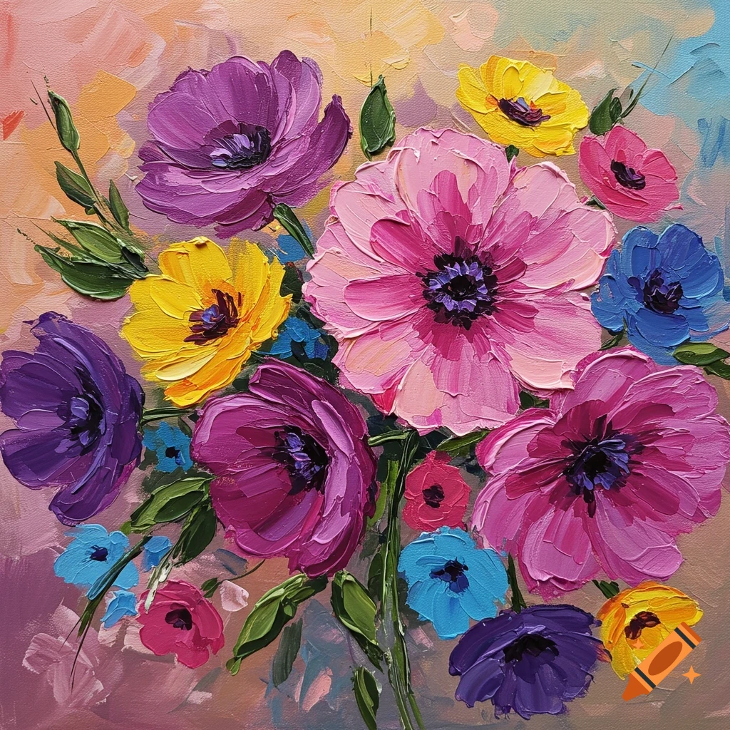 An impressionistic acrylic painting of colorful flowers