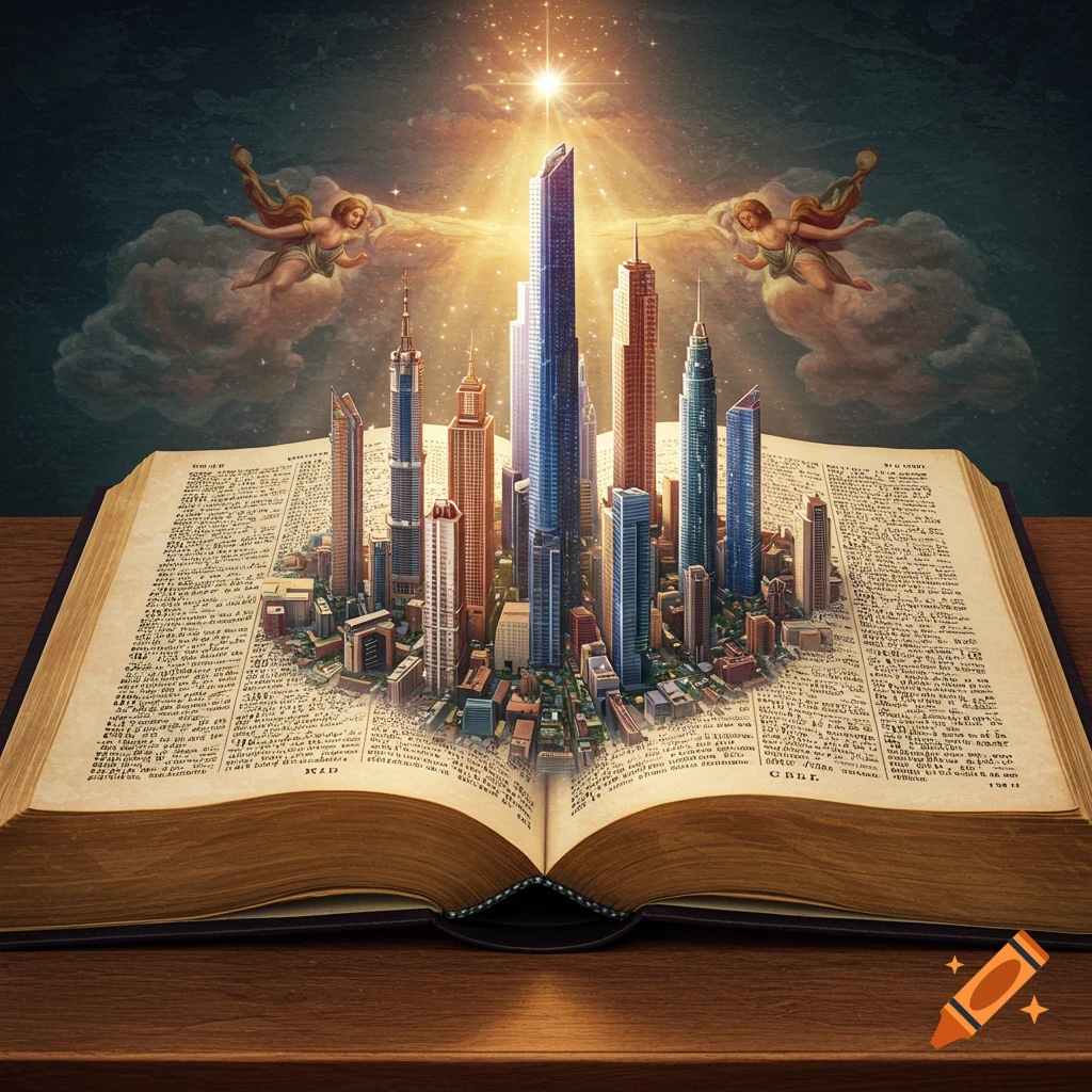 A detailed scene shows a cityscape of modern skyscrapers rising from the pages of a large open book. Angels fly in the sky above a bright star.