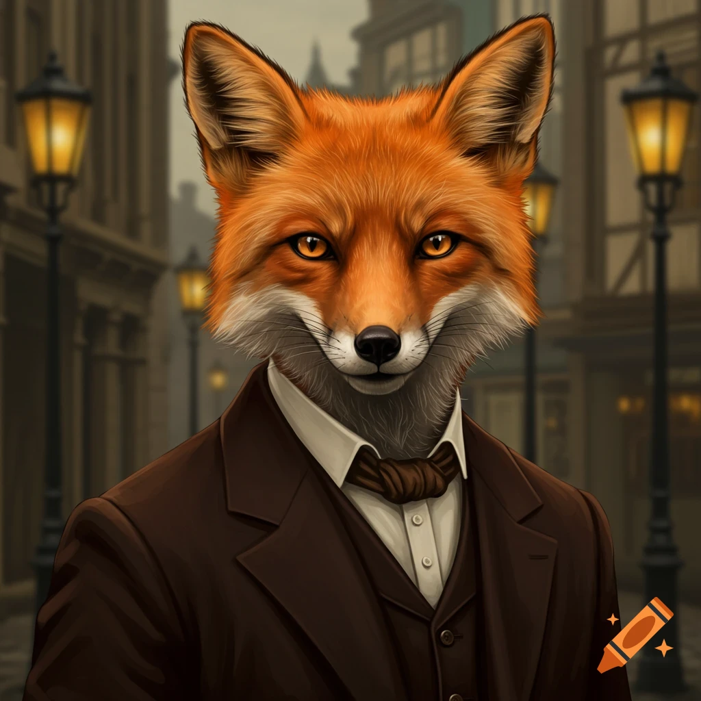 An anthropomorphic fox wearing a suit on an old street.