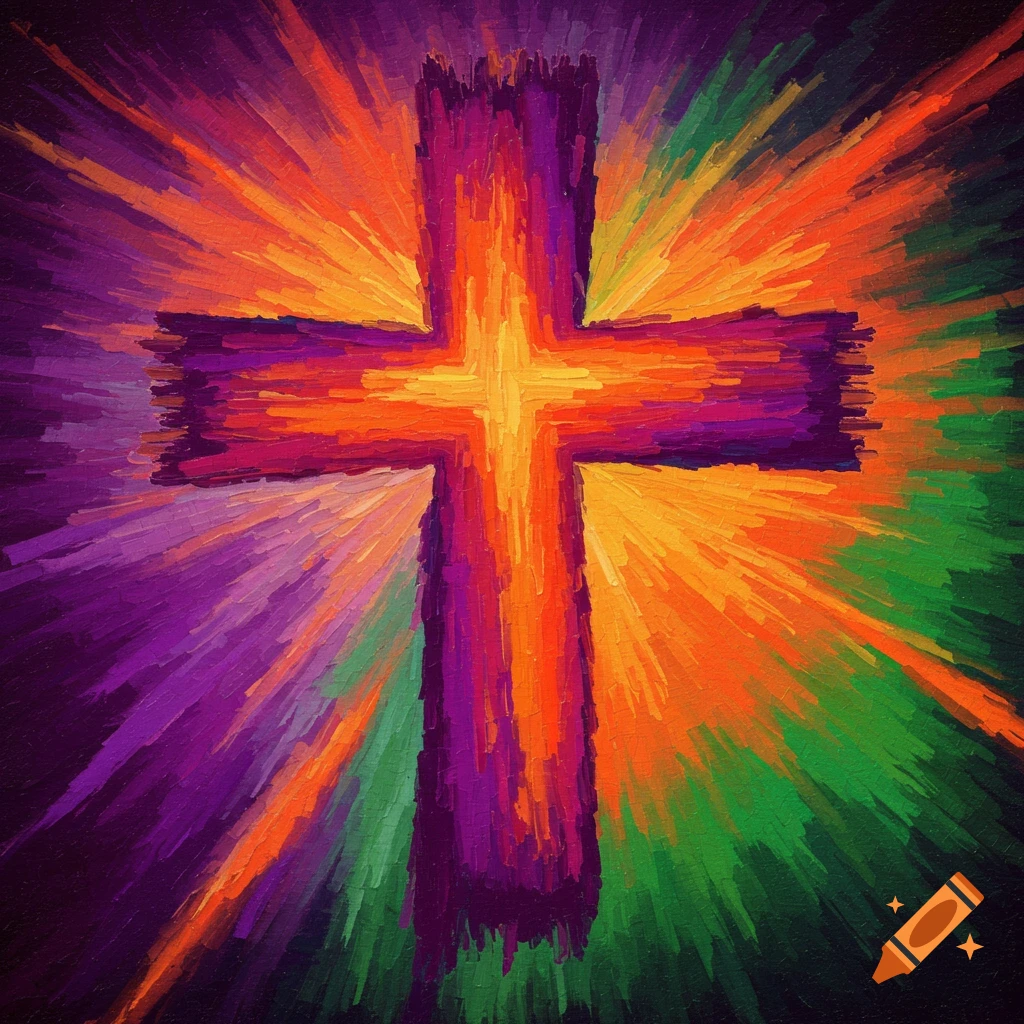 Abstract image of a cross with radiating colorful strokes.
