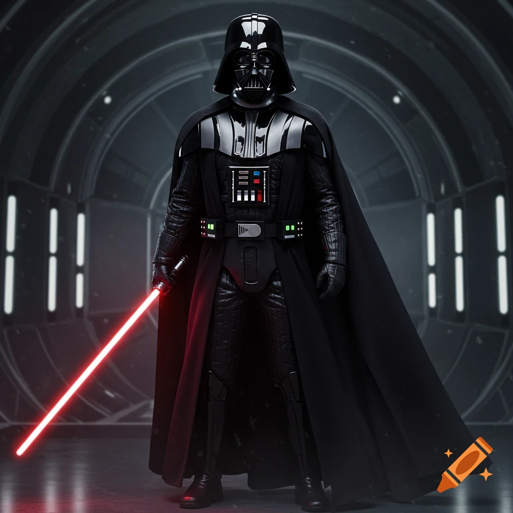 Photorealistic portrait of Darth Vader standing in his Mustafar fortress holding a lightsaber.