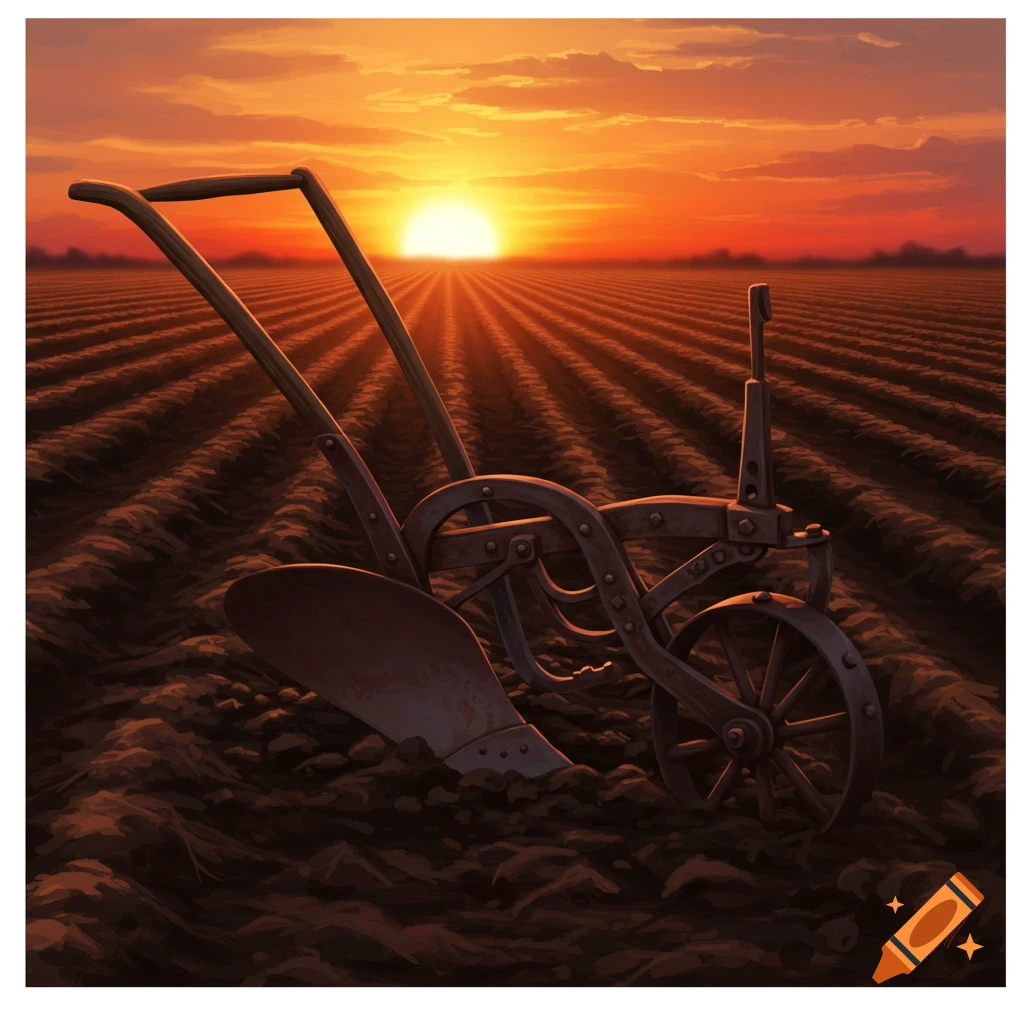 An antique plow rests in a field at sunset