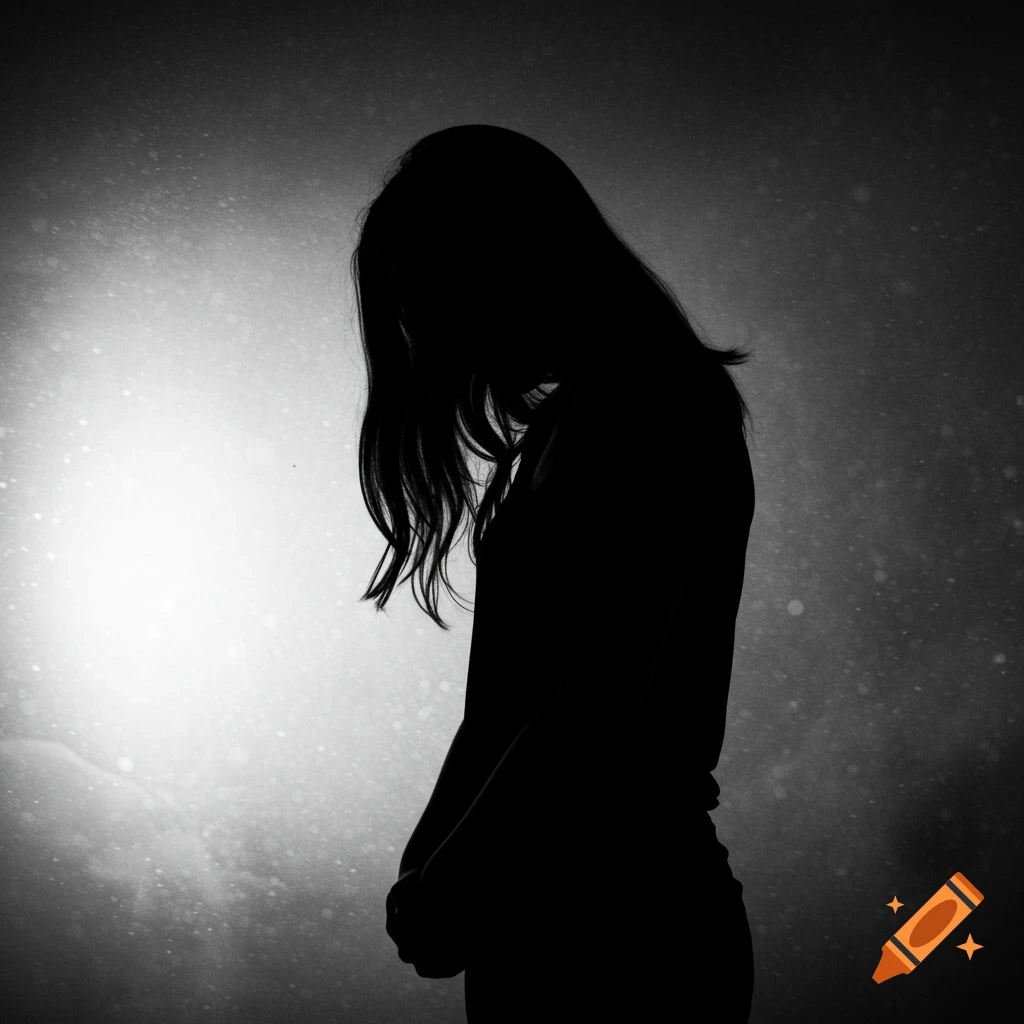 Black and white silhouette of a woman standing, looking down, conveying sadness.