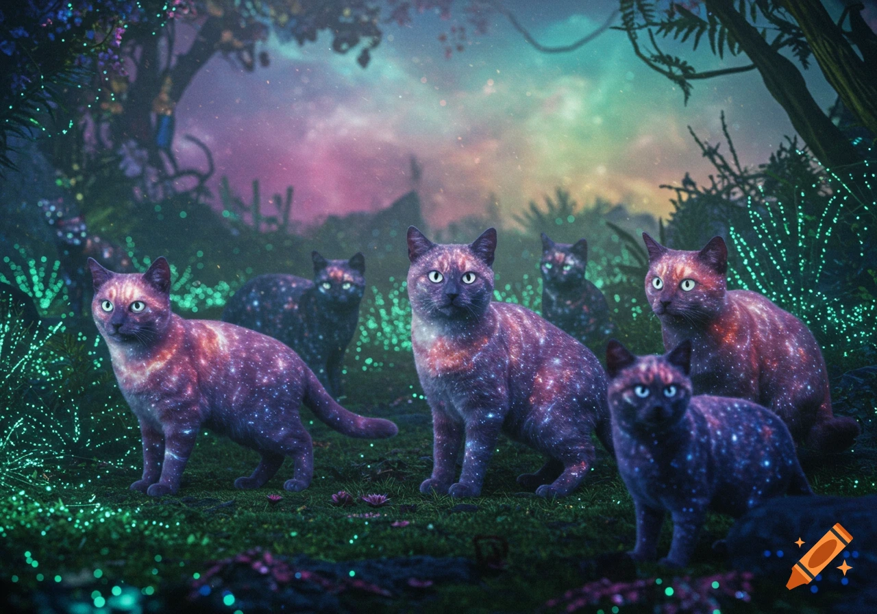 Several galaxy pattern cats stand in a dark forest glowing with ethereal light.