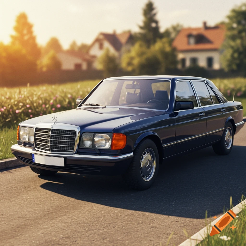A dark blue Mercedes sedan parked on a road in a suburban setting under sunny skies.