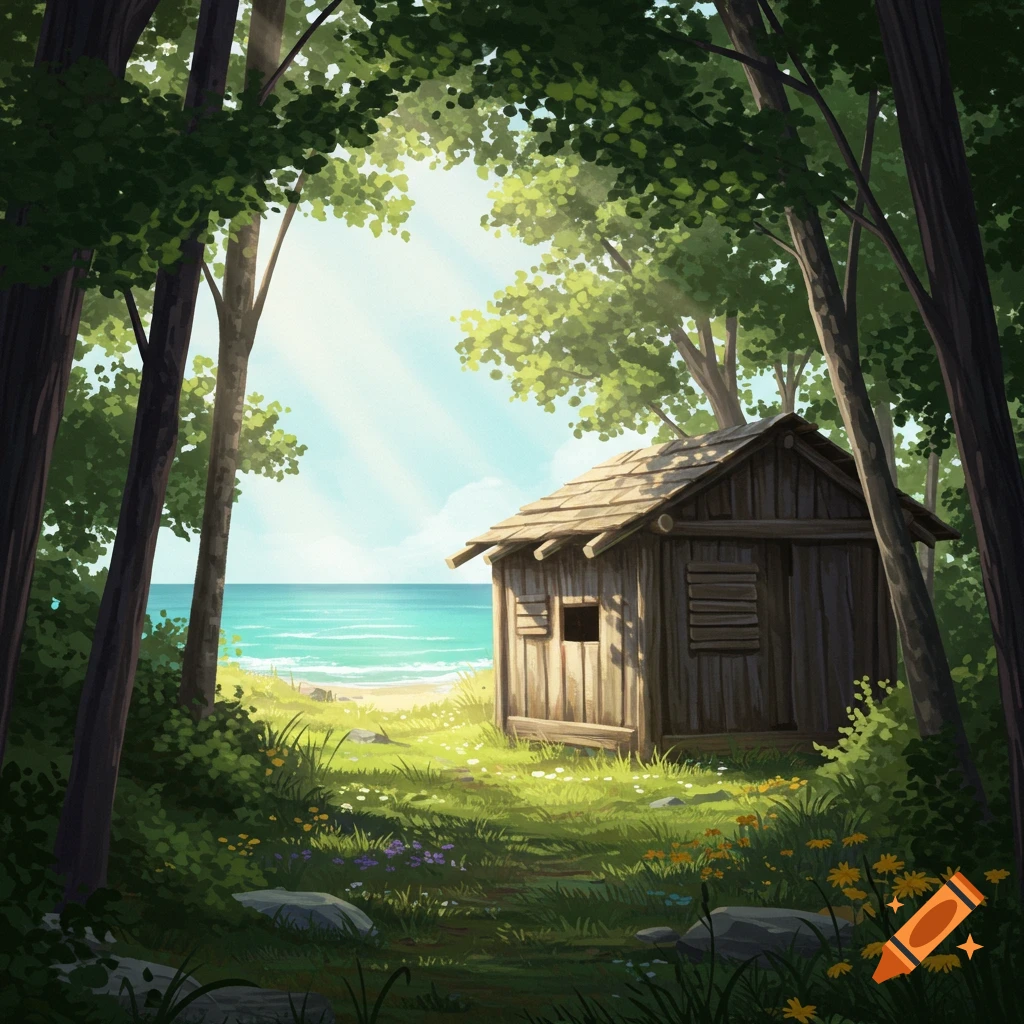 Image of a wooden cabin in a forest clearing next to a beach and ocean.