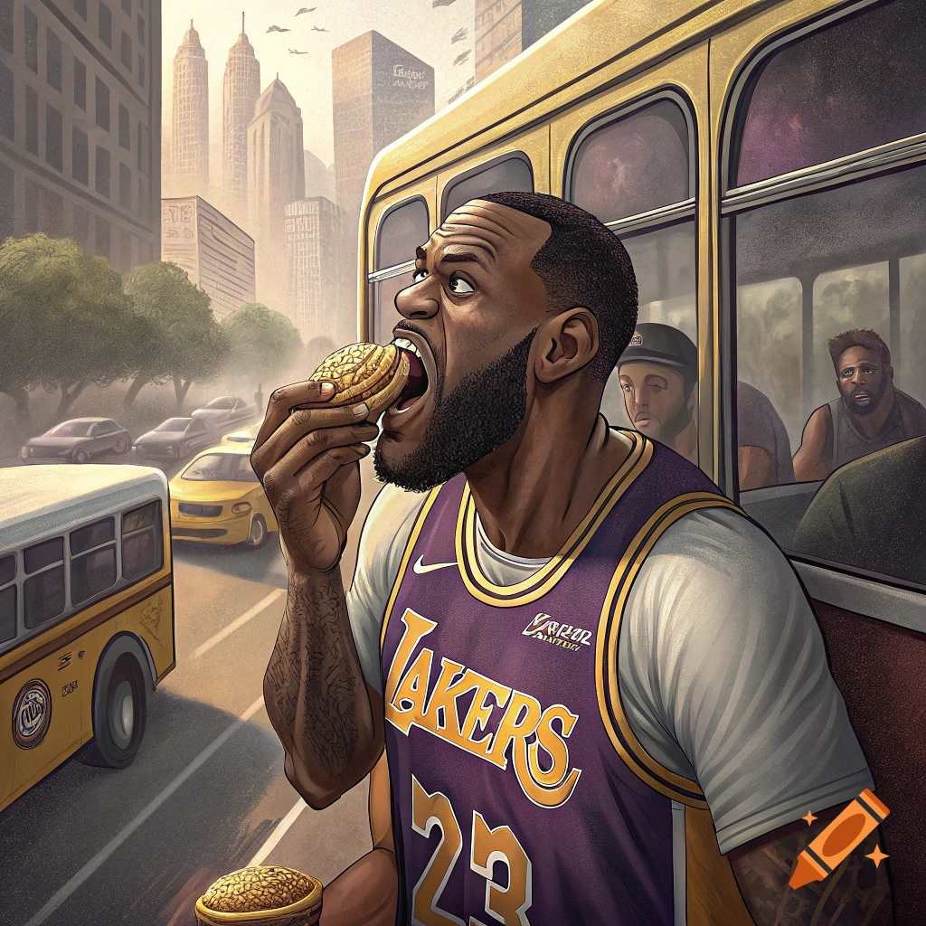A cartoonish illustration of LeBron James in a Lakers jersey eating a yellow city bus in a street scene.