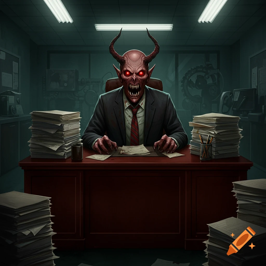 A scary demon with horns and glowing red eyes sits at an office desk piled high with papers.