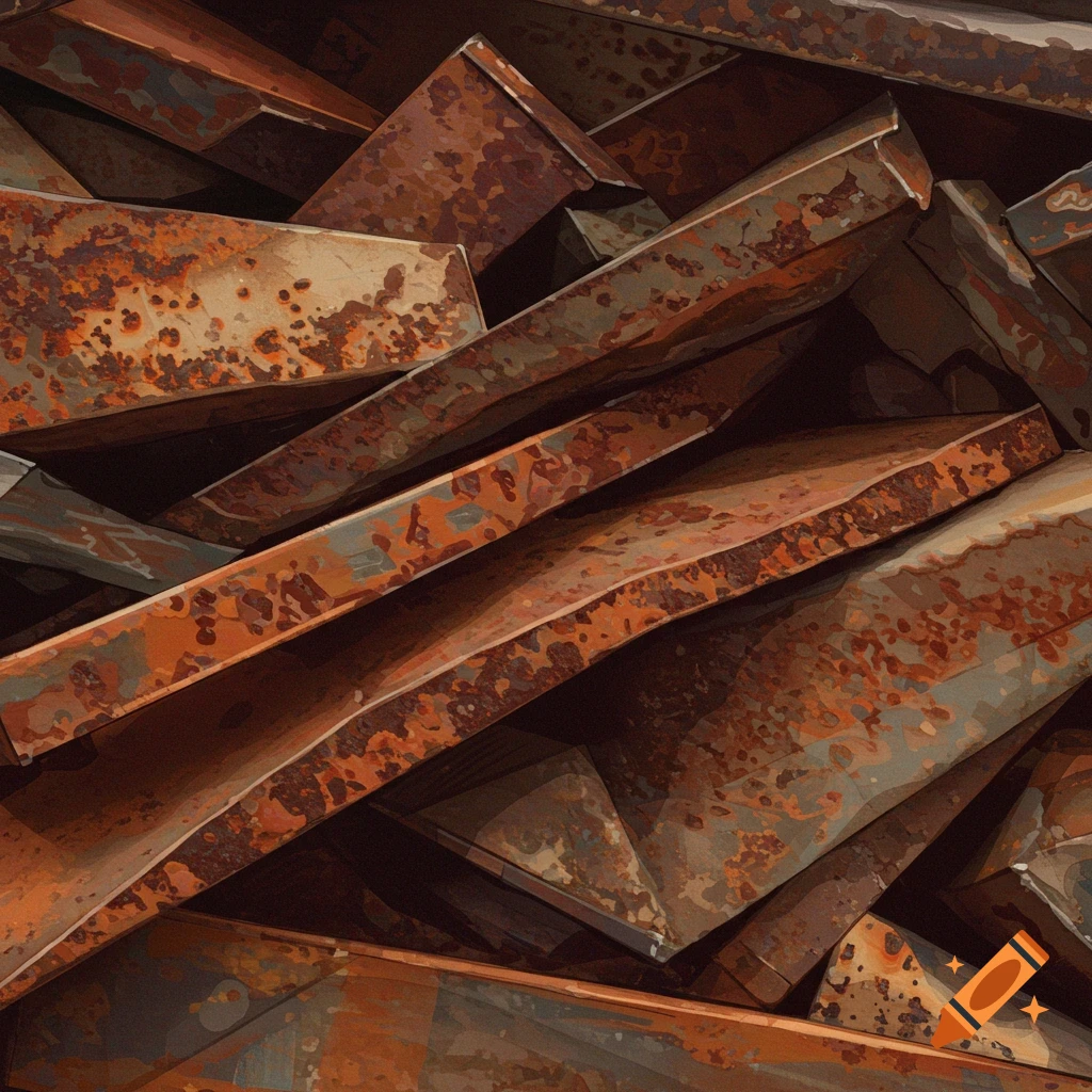 Close-up of piled, rusted scrap metal pieces.
