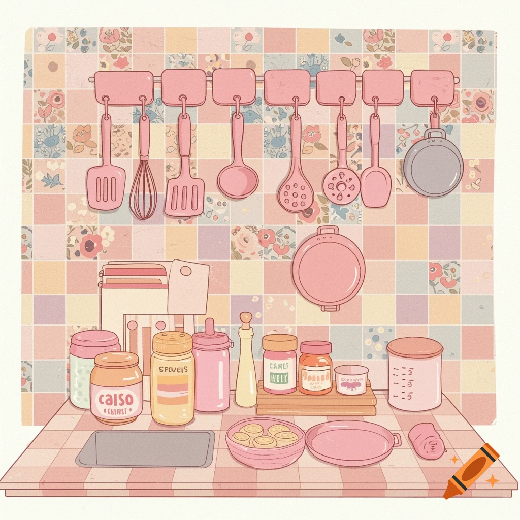 Pastel illustration of kitchen utensils, jars, and pans on a counter with a checkered tablecloth and floral tile backsplash.