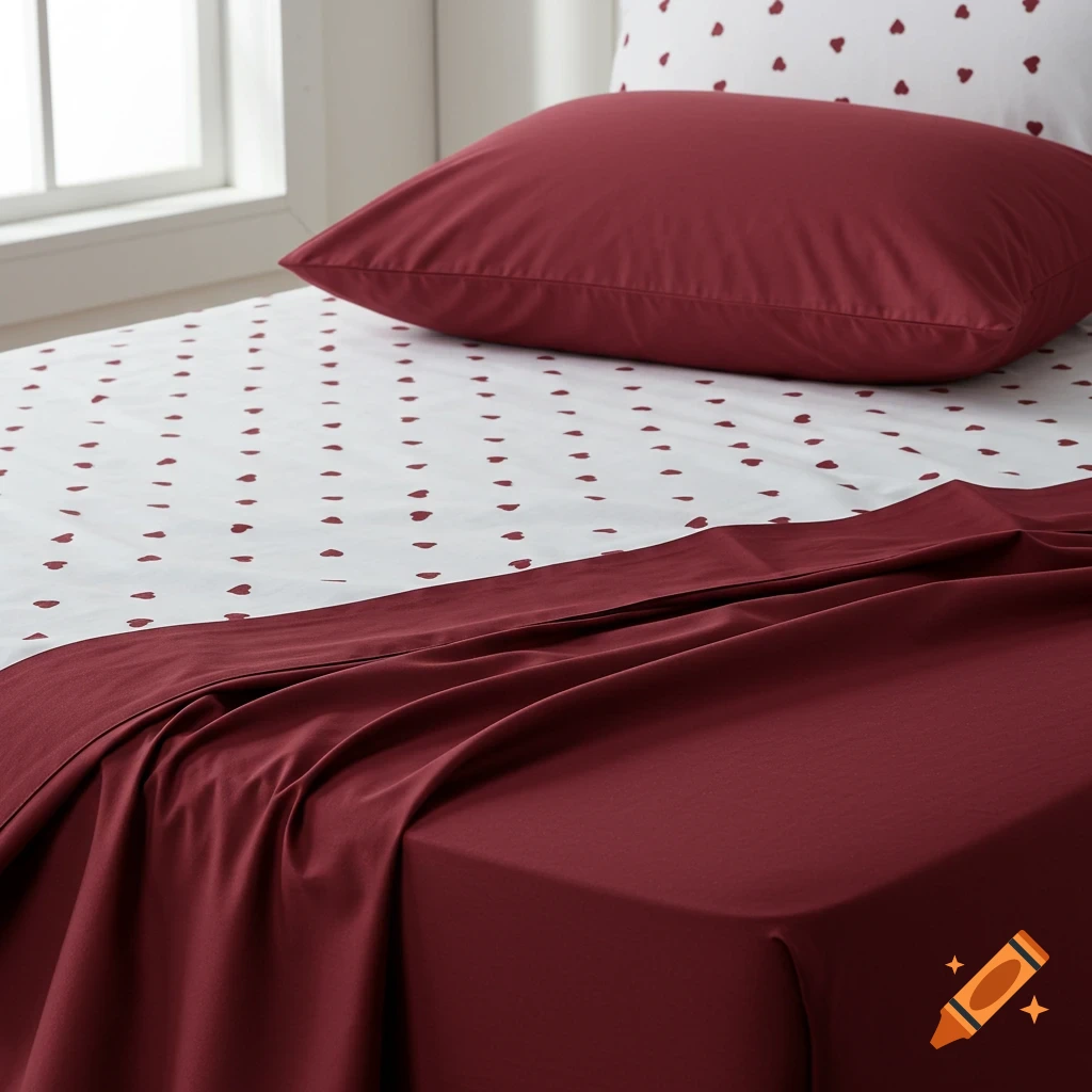 Bed with dark red sheets and white duvet with red heart pattern