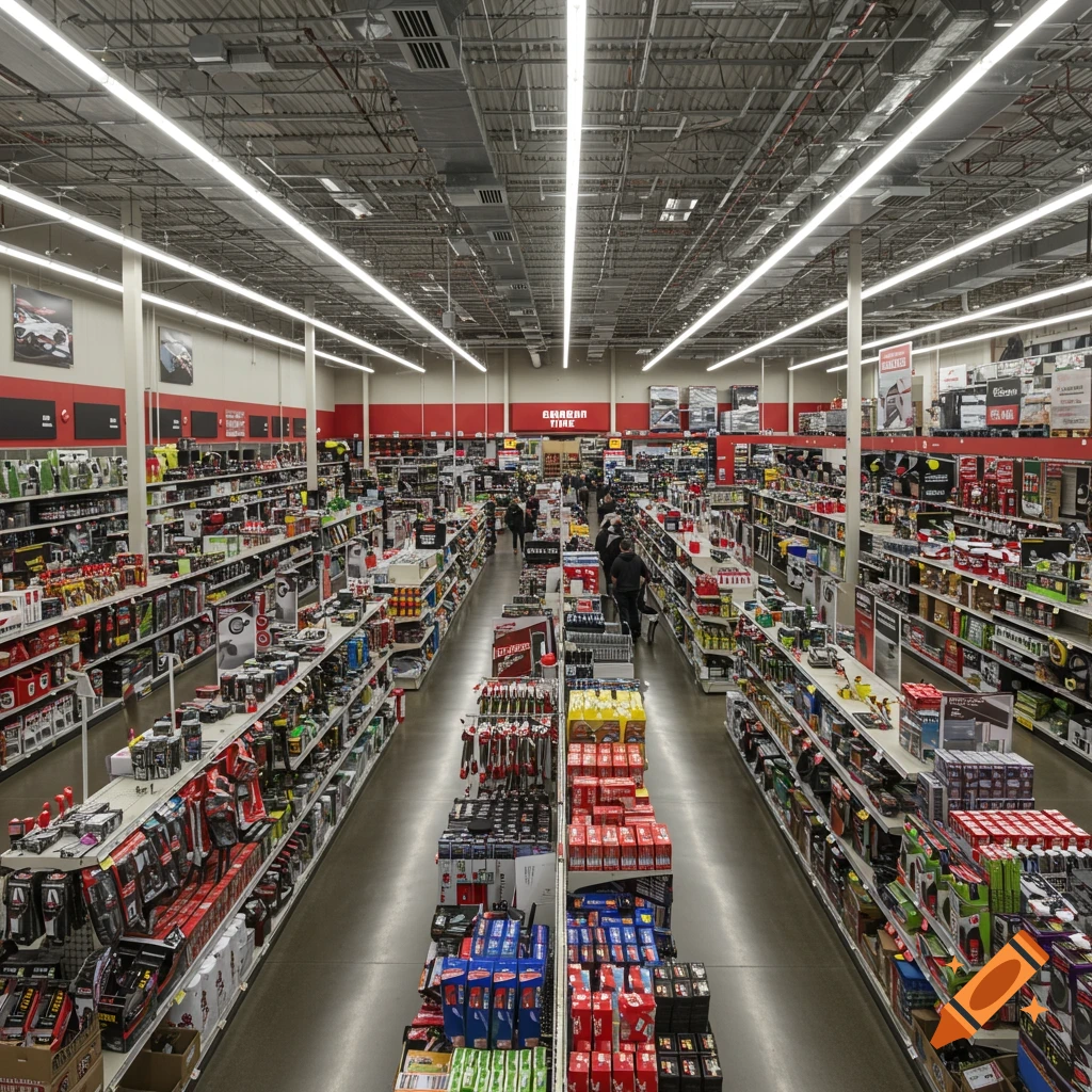 A wide shot down the aisles of a large retail store with products on shelves and a few shoppers.