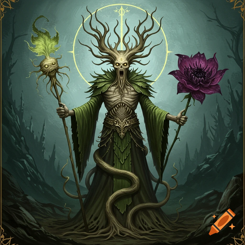 A skeletal root creature with antlers stands in a dark forest, holding a staff and a purple flower.