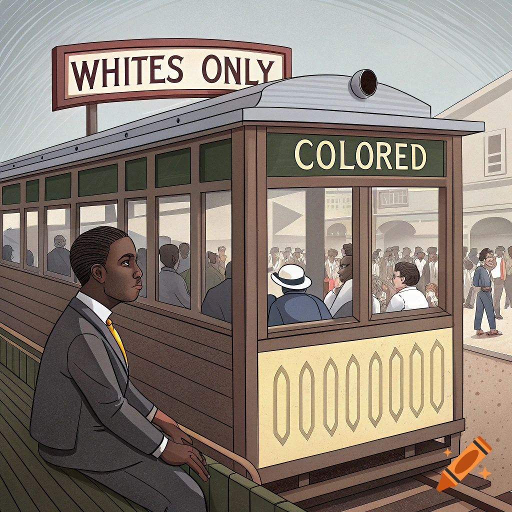 Illustration of historical segregation showing a streetcar with 'COLORED' sign and 'WHITES ONLY' sign above, a Black man sits outside.