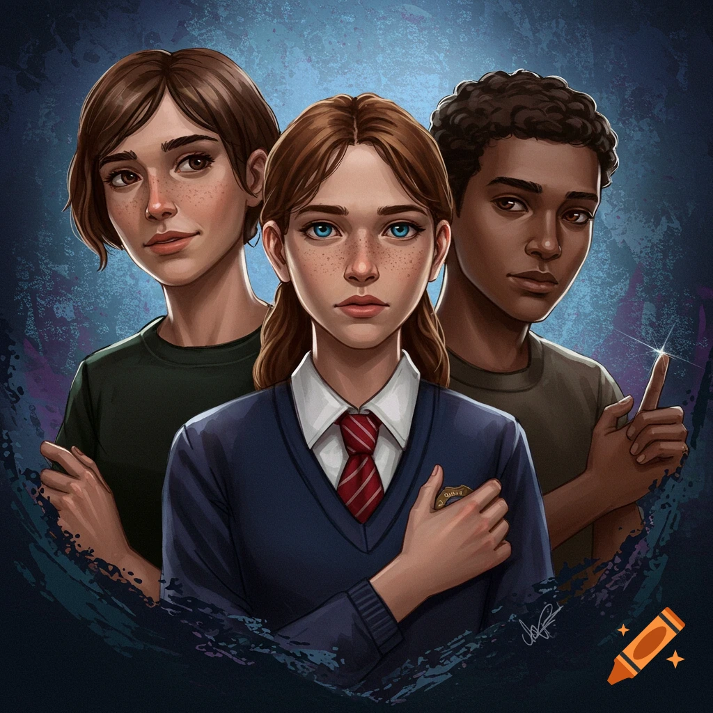 Three young people, one wearing a school uniform and badge, are shown against a dark, textured background.