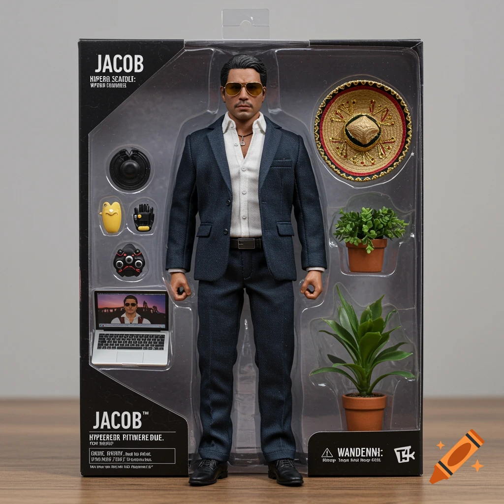 Realistic action figure named Jacob in a toy box with accessories: laptop, sombrero, plants.