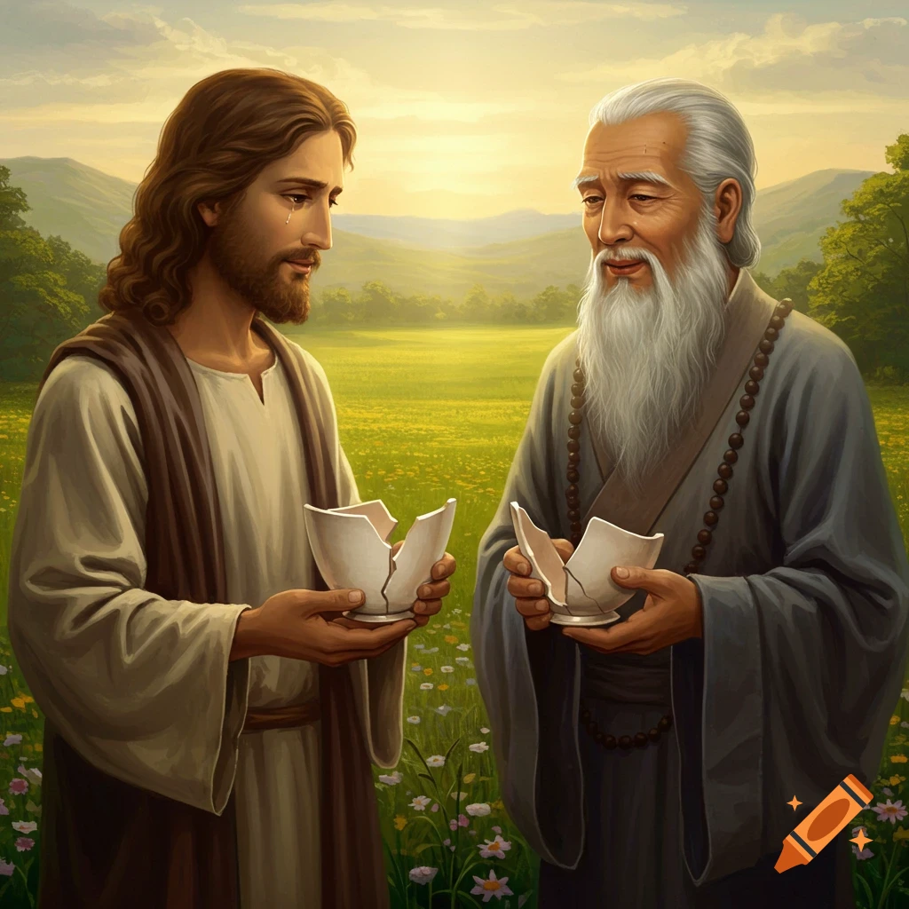 Jesus and Lao Tzu holding broken cups in a sunny field.