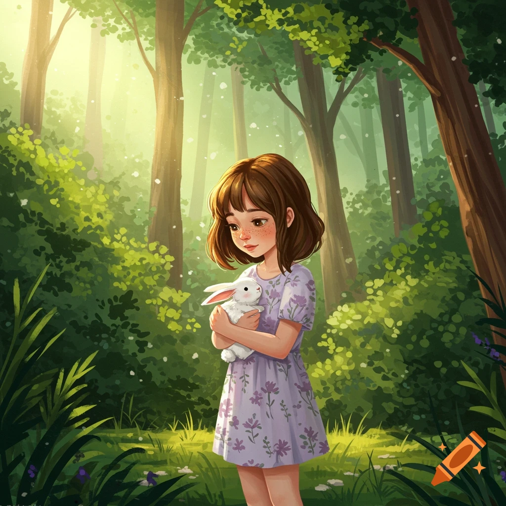 A young girl holding a white rabbit in a sunny forest.