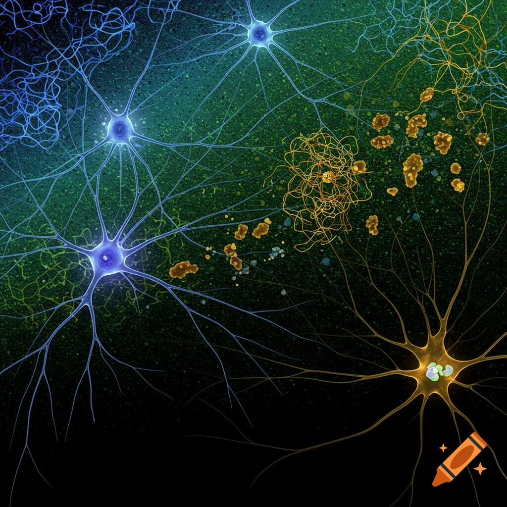 Stylized blue and yellow neurons are depicted among other organic structures against a dark background.