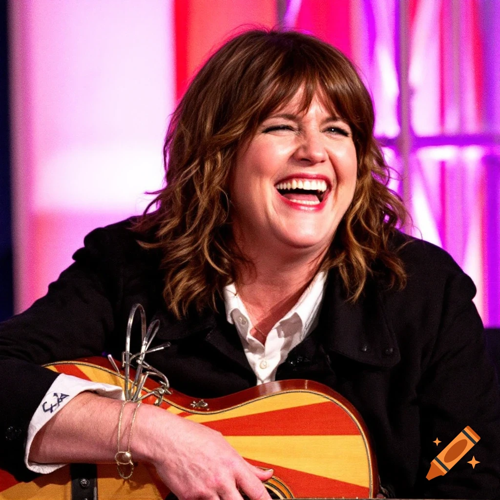 A woman with brown hair laughs while playing an acoustic guitar.